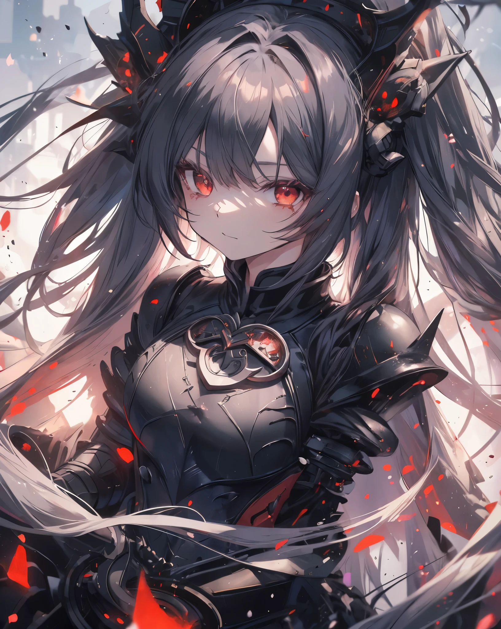 masterpiece, 1catgirl, cat ears, ((White long hair)) , Red eyes, intricate ((Black armour)) , she is a dragon slayer. She won the fight. Damaged ((black and Red shirt)) over the armour. Portrait. Medium breast. Super detailed. Perfect anime Red eyes