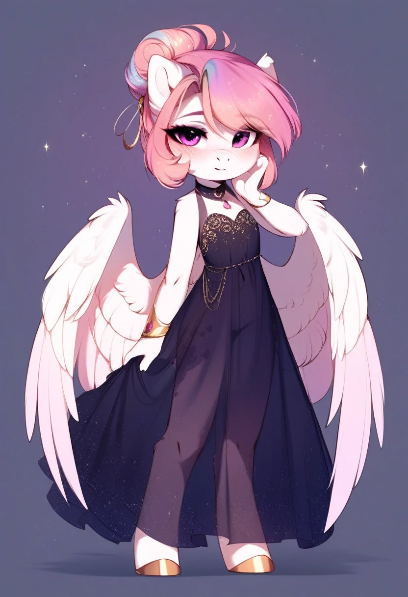 check_9, check_8_up, check_7_up, source_fluffy, rating_safe, from Magnaluna, Celestia poses seductively in a white bedroom, hair bun with bangs, pink eyes, white body, anthro, blushing, wearing purple see through dress, full body