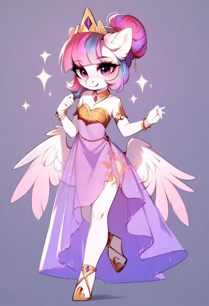 check_9, check_8_up, check_7_up, source_fluffy, rating_safe, from Magnaluna, Celestia poses seductively in a white bedroom, hair bun with bangs, pink eyes, white body, anthro, blushing, wearing purple see through dress, full body