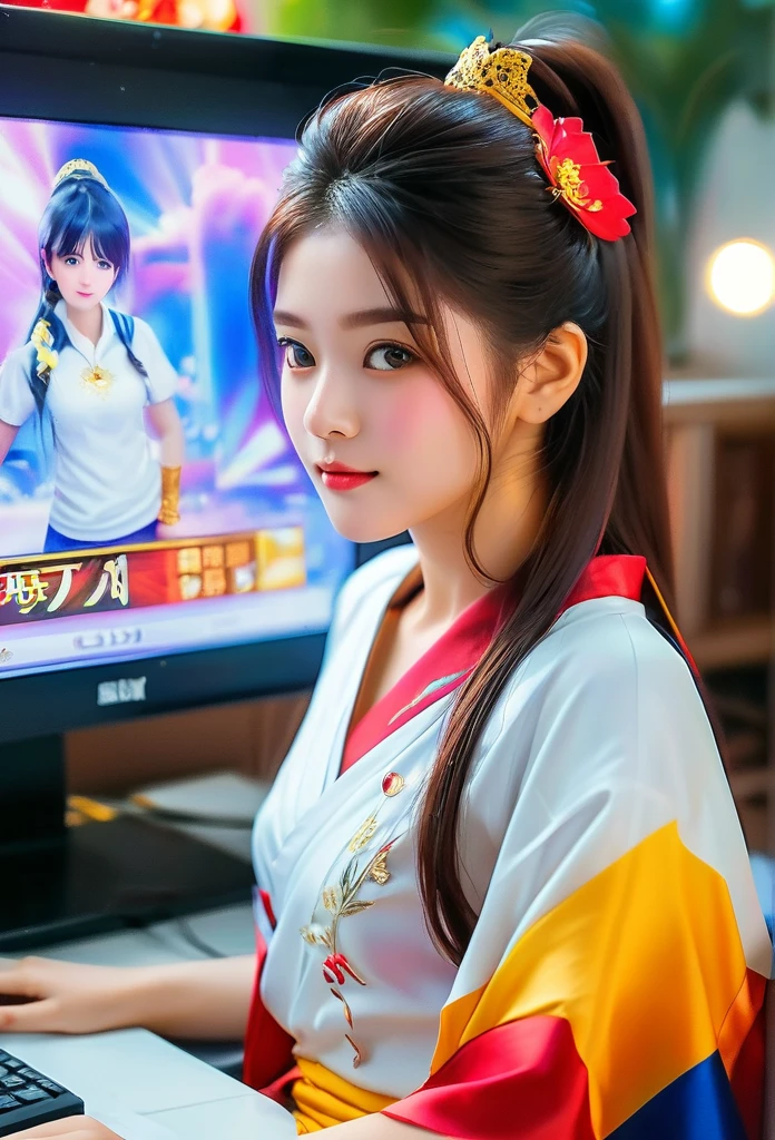 1girl, beautiful beautiful detailed lips, extremely detailed face and features, longeyelashes, cambodian khmer girl, (sitting) alone, playing computer game, big screen, greenish glow from monitor screen, dim setting, warm colors, masterpiece, highest quality