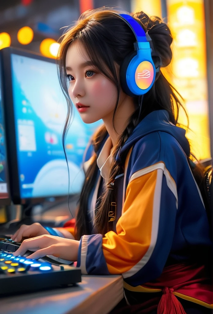 1girl, beautiful  beautiful detailed lips, extremely detailed face and features, longeyelashes, cambodian khmer girl, (sitting) alone, playing computer game, big screen, greenish glow from monitor screen, dim setting, warm colors, masterpiece, highest quality