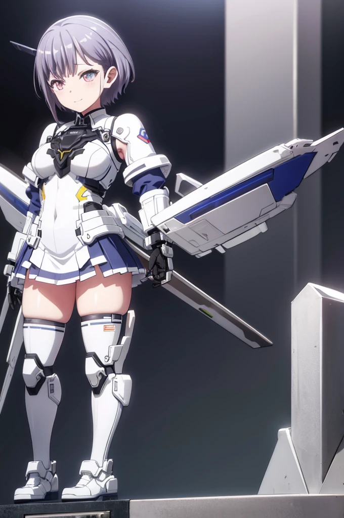 Mecha Wings、White and blue skirt、Accentuated thighs、White tights、chest、Beautiful grey hair、1 girl、solo girl、Thick thighs、is、Frame Arms Girl、Alice Gere Aegis、White Armor、Blue and purple lines、income、headphone、hand on own chest、smile