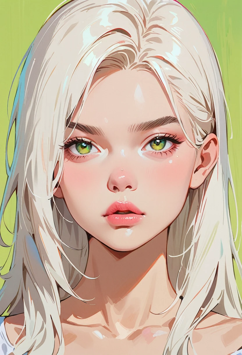 (masterpiece, best quality:1.2), 1 girl, solitary，Anime style，White hair, Green pupils, Frowning, lips pink, nervous，Long blond hair, One side long sideburns, Green Background.