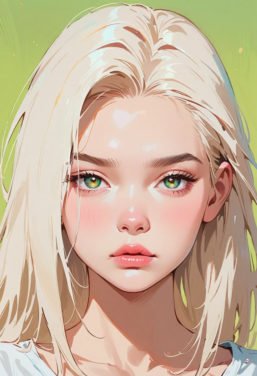 (masterpiece, best quality:1.2), 1 girl, solitary,Anime style,White hair, Green pupils, Frowning, lips pink, nervous,Long blond hair, One side long sideburns, Green Background.