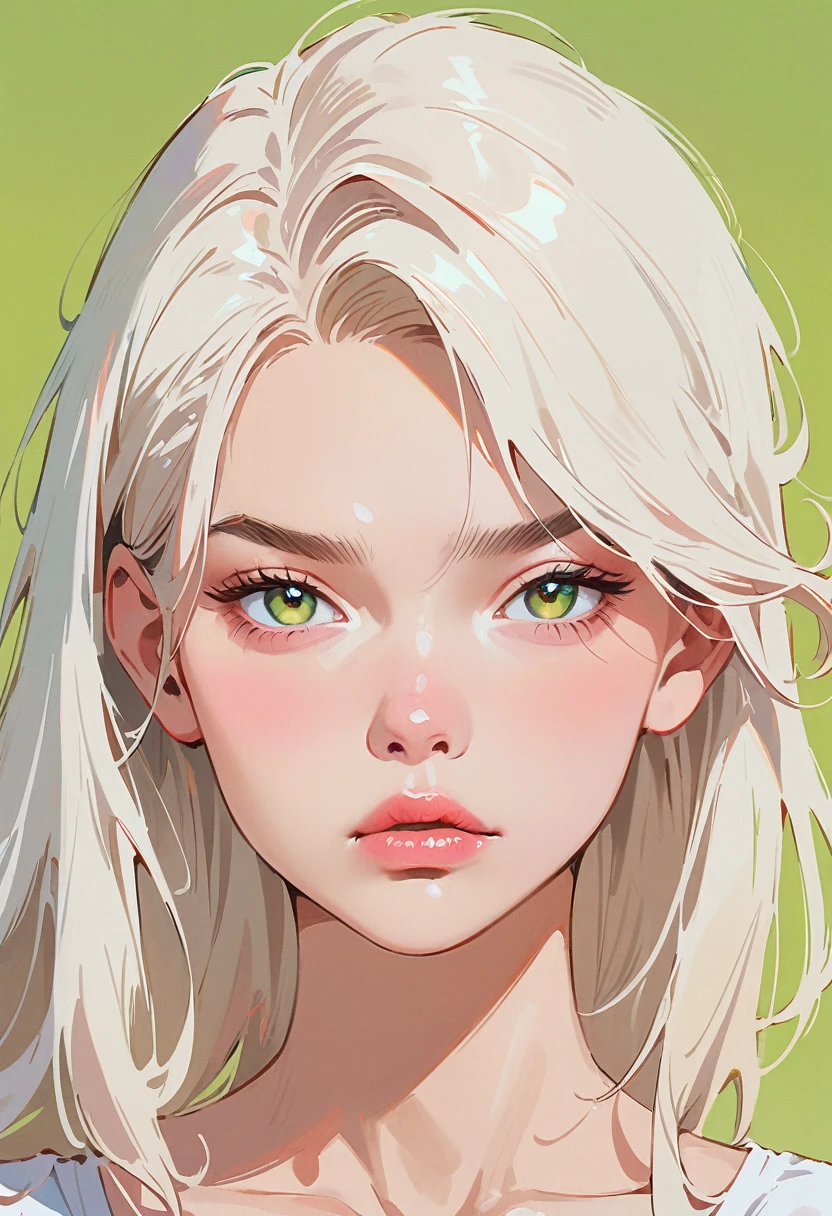 (masterpiece, best quality:1.2), 1 girl, solitary,Anime style,White hair, Green pupils, Frowning, lips pink, nervous,Long blond hair, One side long sideburns, Green Background.