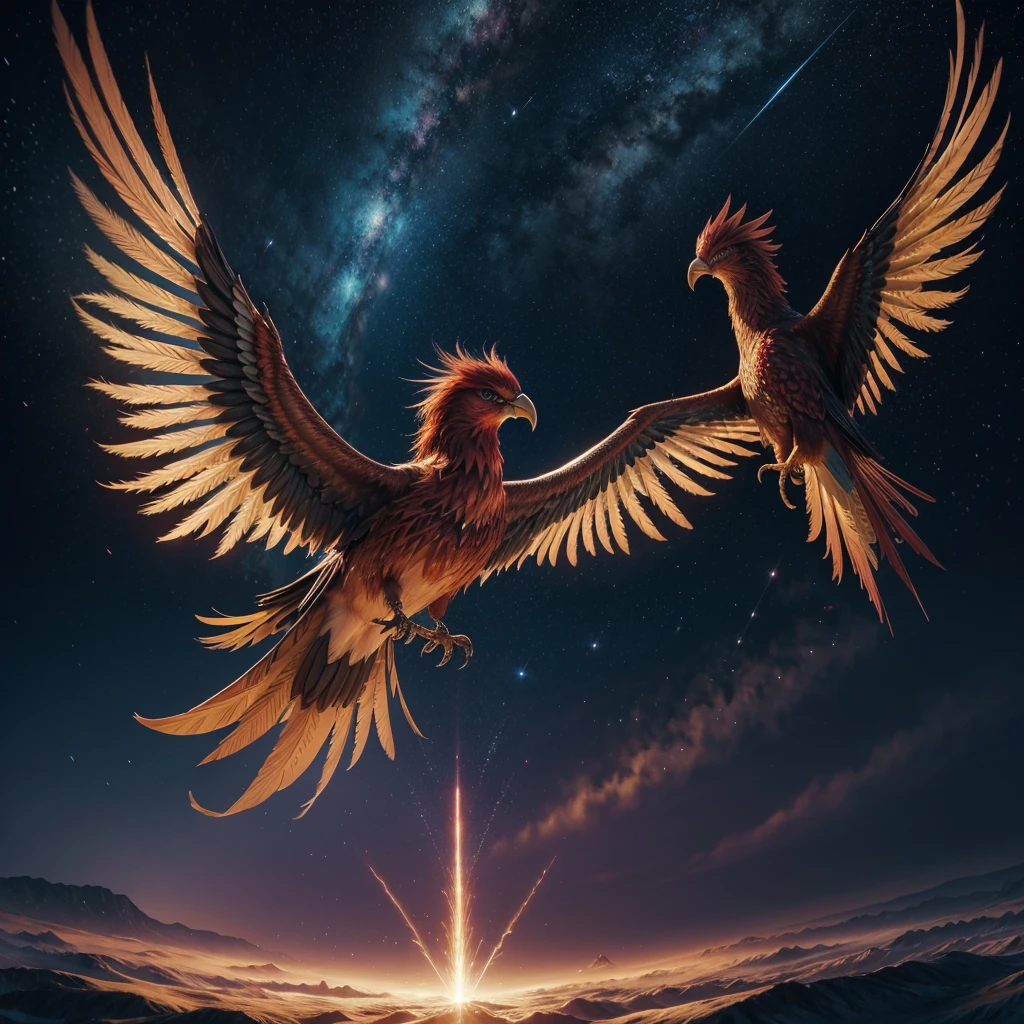 detailed 3d holographic phoenix bird, geometric red bird, galactic space background, cinematic lighting, volumetric lighting, intricate details, highly detailed, photorealistic, 8k, masterpiece, hyper detailed, extremely detailed, stunning visualization, award winning cgi, epic, majestic, glowing feathers, shimmering, ethereal, mystical, hypnotic, surreal, mesmerizing, transcendent, transcendental