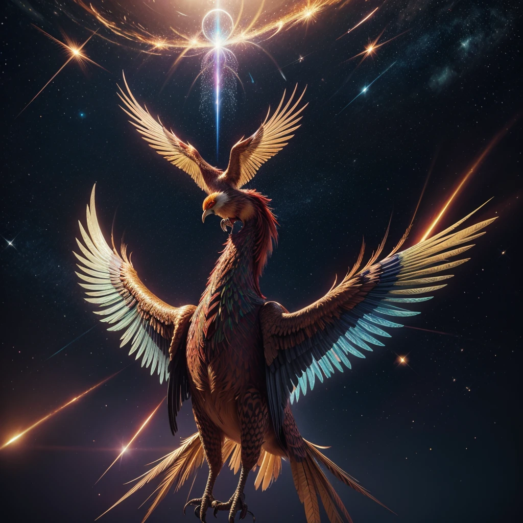 detailed 3d holographic phoenix bird, geometric red bird, galactic space background, cinematic lighting, volumetric lighting, intricate details, highly detailed, photorealistic, 8k, masterpiece, hyper detailed, extremely detailed, stunning visualization, award winning cgi, epic, majestic, glowing feathers, shimmering, ethereal, mystical, hypnotic, surreal, mesmerizing, transcendent, transcendental