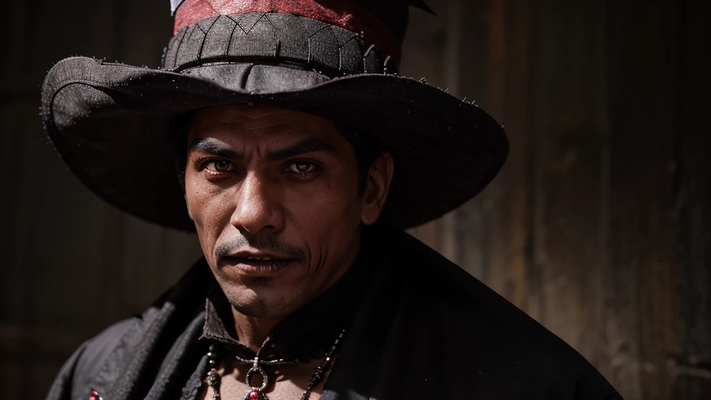 A Mexican vampire with a traditional and scary look.His sharp fangs stand out and he has pale skin., glowing red eyes and sharp fangs. Their clothing combines traditional Mexican elements, like a black charro hat and a dark serape, with gothic details. He's standing in the moonlight, in an old Mexican cemetery surrounded by tombs and crosses decorated with marigold flowers. The atmosphere is dark and mysterious, with dense fog and bats flying around. In the background, you can see an old church in ruins, with long shadows and a gloomy atmosphere. The vampire has an expression of hunger and thirst for blood, with its claws extended, ready to attack.