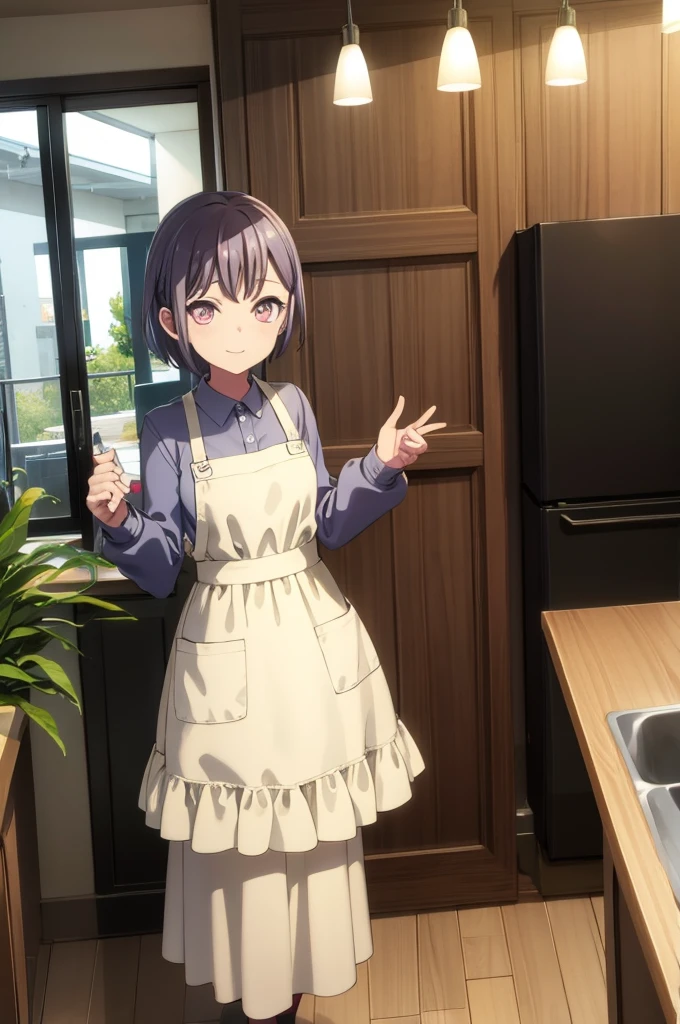 pine lamp、uniform、skirt、One girl、happy　smile、looking at viewer、apron、Standing in the kitchen