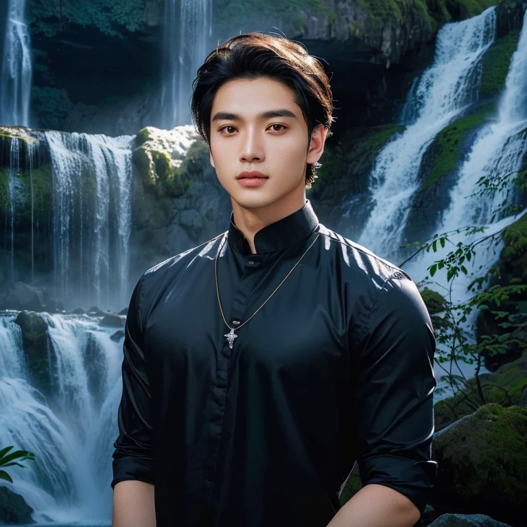 A Southeast Asian man with a round face., Double eyelids, big eyes, black eyes, Standing wearing a necklace in front of a waterfall, high quality vertical, Headshot profile picture, Charming and good looking, There is a waterfall., รูปProfile pictureรูปภาพแนวตั้ง, waterfall in the background, beautiful young man, There is a waterfall., Handsome and charming, Profile picture, handsome man, Aykut Aydodu, cute young man, Waterfall backdrop