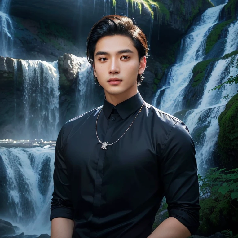 A Southeast Asian man with a round face., Double eyelids, big eyes, black eyes, Standing wearing a necklace in front of a waterfall, high quality vertical, Headshot profile picture, Charming and good looking, There is a waterfall., รูปProfile pictureรูปภาพแนวตั้ง, waterfall in the background, beautiful young man, There is a waterfall., Handsome and charming, Profile picture, handsome man, Aykut Aydodu, cute young man, Waterfall backdrop