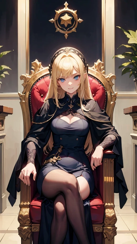 1 girl, blonde with blue eyes, in a dark expensive dress, sitting in an expensive chair in his office, one leg crossed over the other, leans on the armrest, crazy smile. medieval fantasy