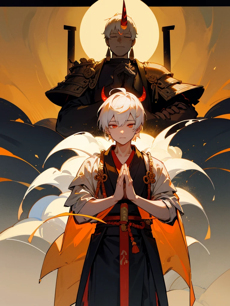 Buddha,Burning Eyes, horn, white short hair, black armor, torii, man, full moon, hands together in prayer, Zen meditation golden Japanese sword 