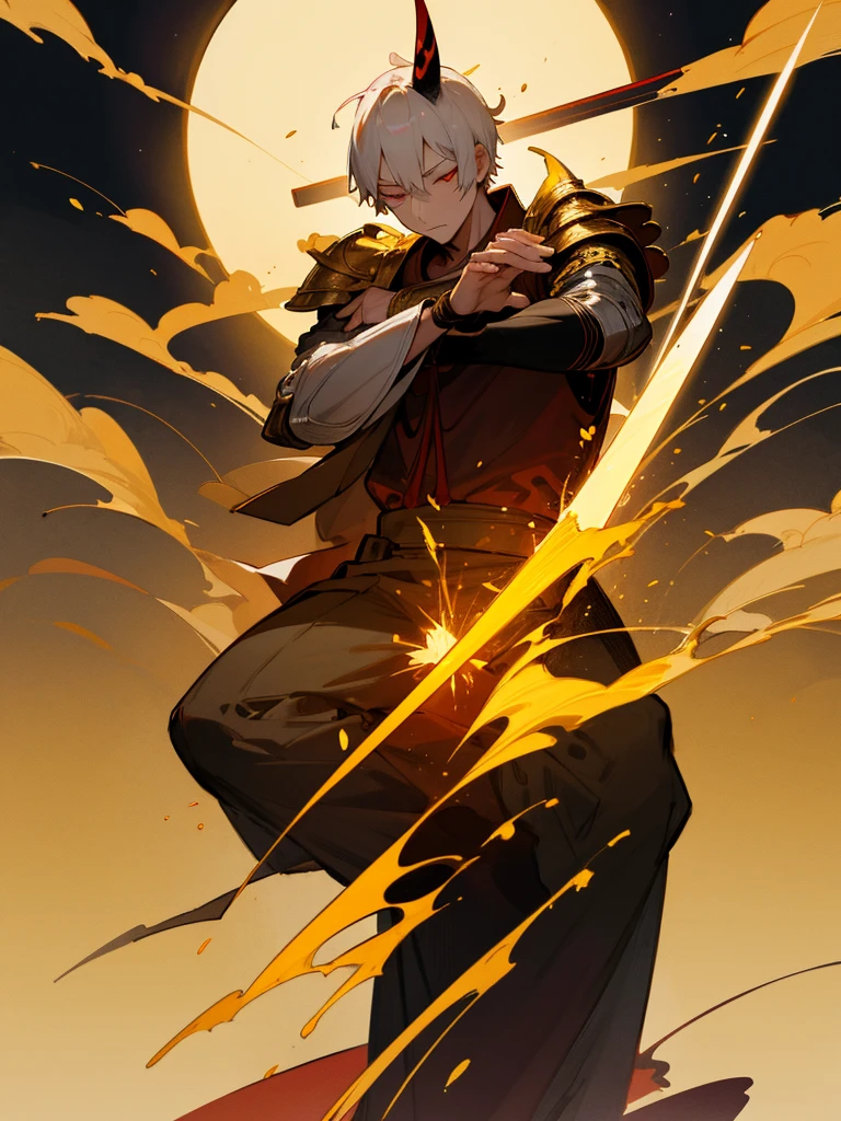 Buddha,Burning Eyes, horn, white short hair, black armor, torii, man, full moon, hands together in prayer, Zen meditation golden Japanese sword 