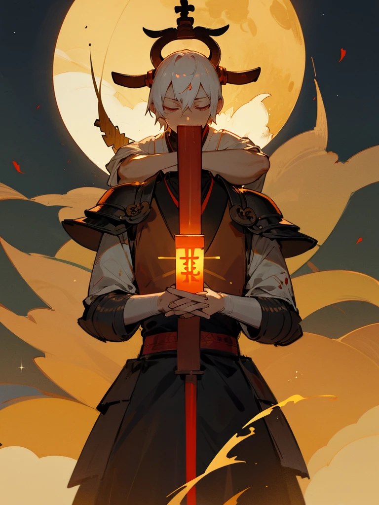Buddha,Burning Eyes, horn, white short hair, black armor, torii, man, full moon, hands together in prayer, Zen meditation golden Japanese sword 