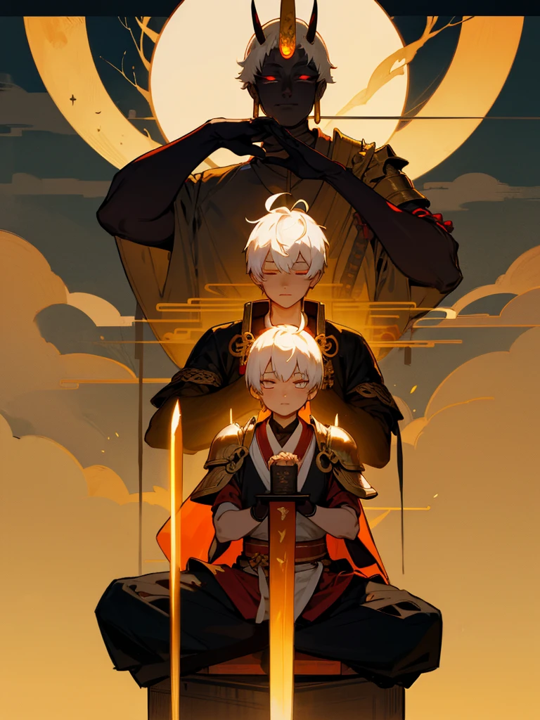 Buddha,Burning Eyes, horn, white short hair, black armor, torii, man, full moon, hands together in prayer, Zen meditation golden Japanese sword 