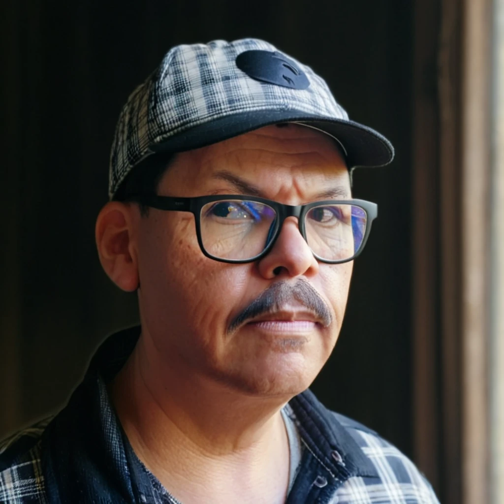 "RAW portrait up to the shoulders of a man wearing glasses, with a mustache, black eyes, and short black hair cut in a fade style. He is dressed in a plaid shirt  and a trucker cap. The background is bokeh with Rembrandt lighting."