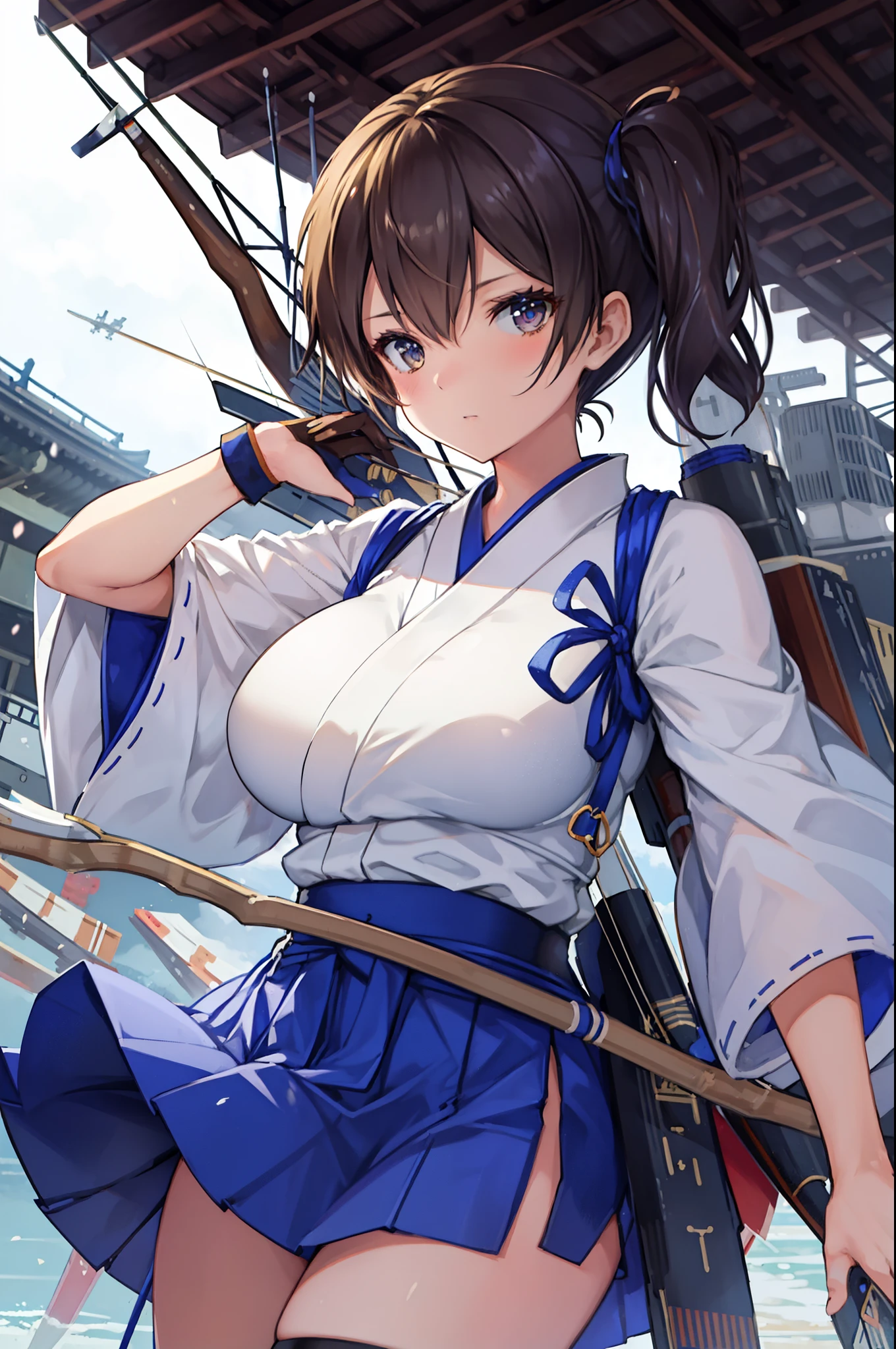 Kaga(Fleet Collection),highest quality, masterpiece, High resolution,kimono,blue skirt,side ponytail,big_breasts,solo,Japanese_bow&arrow,dynamic_posing,half_eyes,solo,plump,