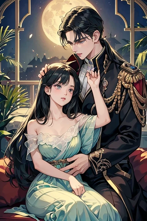 (masterpiece, a couple, high quality, best quality) The royal couple during the dance, The Guy is a perfect blond, blue-eyed aristocrat gave the impression of untouchability due to his overly bright facial features.A girl with long black hair, red eyes. Very close to each other. A girl in a beautiful dark green dress, a beautiful figure, very close to a guy, hugging excitedly, moonlight, beautiful facial features, desire, novel, couple, elegance. the cover of a novel for adults, good quality, sensual pose, lustful looks. the colors of the King,beautiful androgynous prince, knight and princess, delicate androgynous prince, romanticism art style, anime key visual of elegant, royal portrait, a girl with long black hair, resin-colored hair, red eyes, fair skin, light green dress. Background: The royal garden at night. Moon Lighting. Girl black hair red eyes, guy golden hair blue eyes, age 25, detailed face, manly man passionately hugs a girl, a girl is a princess of an enemy country with long black hair and red eyes, a man with golden hair and blue eyes, contrasting colors, passionate relationship, a girl in a green fitted dress with a neckline, a , male king in royal costume, after the ball, background of the royal garden, the lighting is cold, intimacy between the couple, passion. A very sexy man, . A girl is sitting on a man's lap, a passionate pose, a beautiful girl, a lot of details. Blond man, dark-haired girl, attraction between couple, sexy pose, addiction