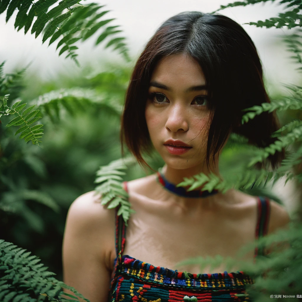 From above, medium shot, Best detailed quality, 1 pretty mayan women, wearing apache tribe dress, beautiful afternoon, moody atmosphere, beautiful shadow, dramatic posing in fern plant, kodacrhome, cinematic lighting, masterpiece composition, realistic face and eyes, realistic skin, ultra highly detailed, sharp focus, beautiful film bokeh, surreal view, dramtic film looks, hunting candid photo, shot by zenit with 35mm wide lens, midjourney v6 realism, in 2024