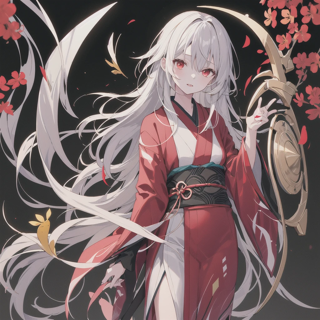 Girl in kimono standing with Japan sword, White medium hair, Red eyes, Red lips, A kimono with a red spider lily on a black background, Red splash pattern on a black background, super high quality, Ultra-fine detail, Very thin handle
