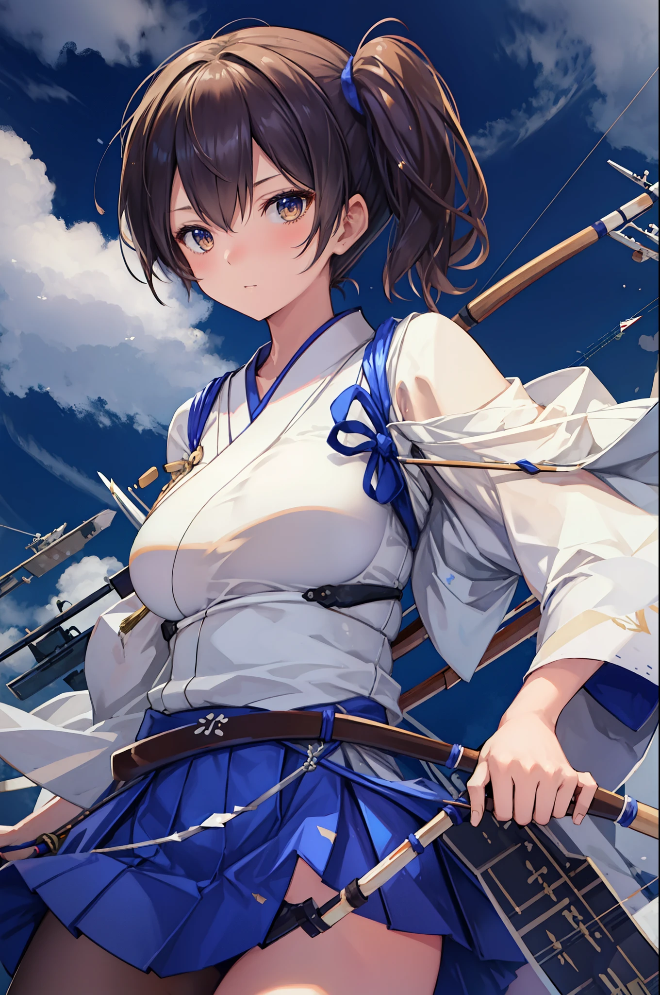 Kaga(Fleet Collection),highest quality, masterpiece, High resolution,kimono,blue skirt,side ponytail,big_breasts,solo,Japanese_bow&arrow,dynamic_posing,half_eyes,solo,plump,