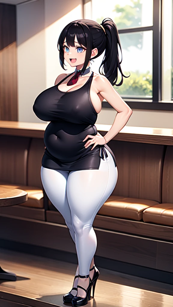 Girl, black hair, older sister, tie her hair in a ponytail and laugh at the speaker, high-quality picture, masterpiece, beautiful girl, cafe,tall women, wide hips, chubby woman