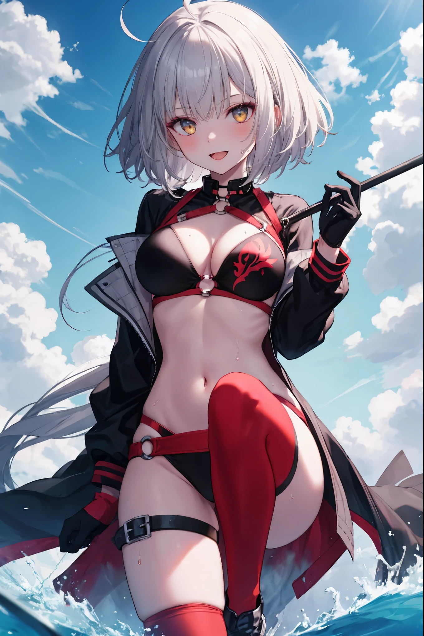 masterpiece, best quality, 1girl, , silver hair, ahoge, gold_eyes, shaggy_long_hair,,large_tits, , blue sky_landscape,,covered_groin,covered_nipples,solo,young_teen,,open_legs,knee_boots,crotch_armor,cowboy_shot,crotch, asymmetrical legwear, long hair, bikini, black bikini, black gloves, gloves, long sleeves, navel, o-ring, o-ring bikini, o-ring bottom, o-ring top, puffy long sleeves, puffy sleeves, red legwear, single thighhigh, swimsuit, thigh strap, thighhighs, uneven legwear,smile,nihil,open_mouth,angry,oil,wet,sweat,grhn,(angry:0.7),