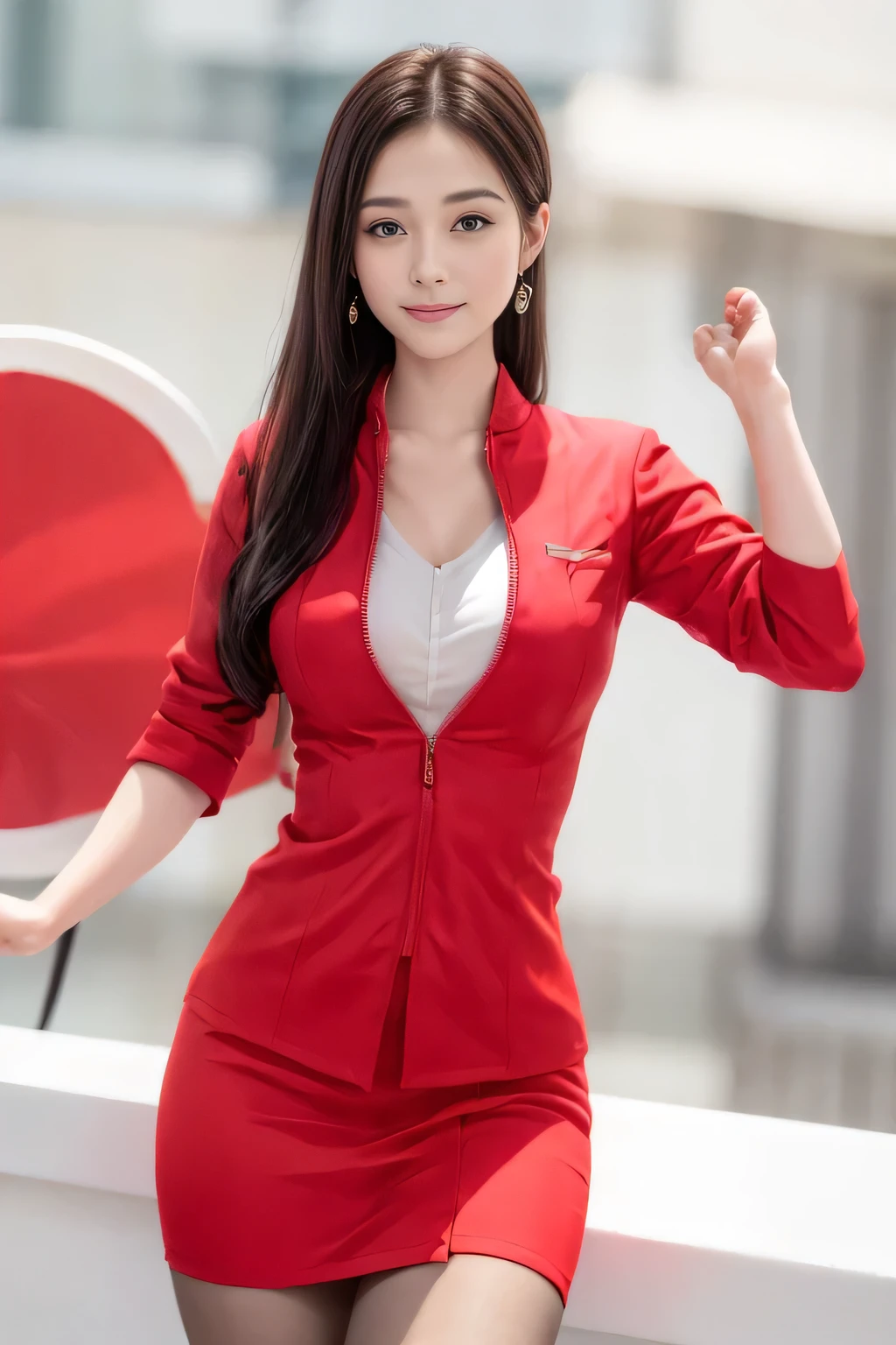 (masterpiece:1.2, Highest quality:1.2), 32k HDR, High resolution, (alone, 1 Girl), （AirAsia stewardess uniform realistic style）, A proper woman, Beautiful Face, Brown Hair, (Long hair down to the legs), (Red jacket:1.1, Unzipped jacket, Unbuttoned white shirt:1.05, Red mini skirt:1.1, pantyhose),（Showing big  through cleavage in unbuttoned white shirt）、（long hair that reaches down to the legs）、Perfect slim body:1.1, Huge breasts, huge breasts cleavage, Detailed skin texture, Beautiful Eyes, (Attractive look:1.2), necklace、Earrings、(forward leaning posture:1.5）, On the roof of a building, Rooftop at daytime,Blue eyes、Hands should be lowered