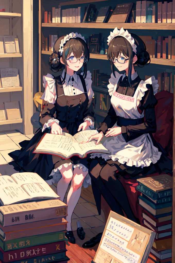 sagisawa fumika, One Girl, Glasses, Maid, alone, Bookshelf, blue eyes, Black Hair, Alternative costumes, Maid headdress, apron, enMaided, smile, Juliet Sleeve, dress, Long sleeve, Puff sleeves, Glassesをかけた, View your audience, Book, Maid apron, single Hair Bun, chest, library, white apron, Hair Bun, indoor, blush, brooch, Frills, black dress, official Alternative costumes, large chest, Long Hair, Side Lock, 丸いGlasses