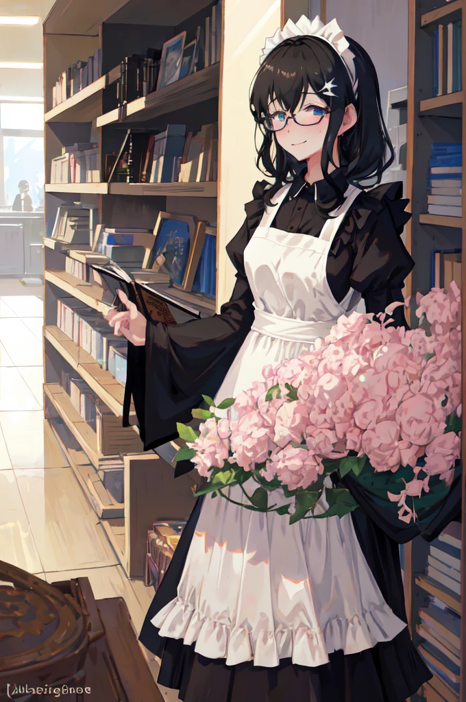 sagisawa fumika, One Girl, Glasses, Maid, alone, Bookshelf, blue eyes, Black Hair, Alternative costumes, Maid headdress, apron, enMaided, smile, Juliet Sleeve, dress, Long sleeve, Puff sleeves, Glassesをかけた, View your audience, Book, Maid apron, single Hair Bun, chest, library, white apron, Hair Bun, indoor, blush, brooch, Frills, black dress, official Alternative costumes, large chest, Long Hair, Side Lock, 丸いGlasses