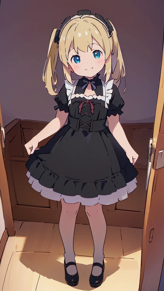 ((masterpiece))((Highest quality))girl、smile、blush、Flat Chest、Are thin、Blonde Hair、blush、Are standing、Whole body image、Eye level to the feet、front、No background、真frontのアングル、Black Gothic Lolita outfit full of frills、Twin tails、Angle where you can see inside the skirt、Fisheye Lens