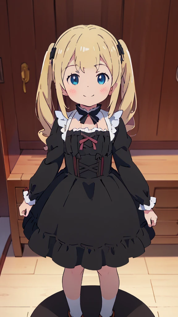 ((masterpiece))((Highest quality))girl、smile、blush、Flat Chest、Are thin、Blonde Hair、blush、Are standing、Whole body image、Eye level to the feet、front、No background、真frontのアングル、Black Gothic Lolita outfit full of frills、Twin tails、Angle where you can see inside the skirt、Fisheye Lens