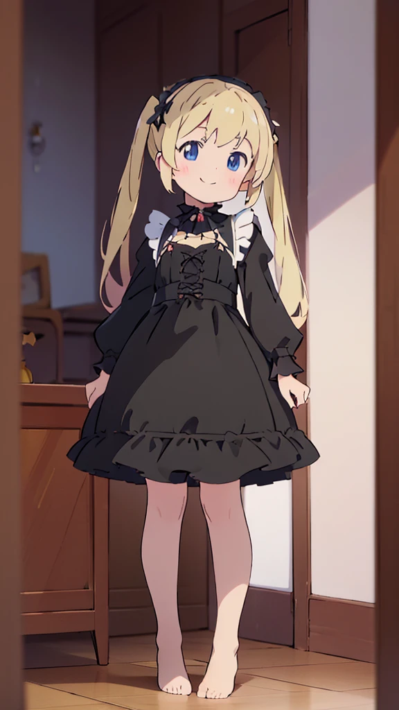 ((masterpiece))((Highest quality))girl、smile、blush、Flat Chest、Are thin、Blonde Hair、blush、Are standing、Whole body image、Eye level to the feet、front、No background、真frontのアングル、Black Gothic Lolita outfit full of frills、Twin tails、Angle where you can see inside the skirt、Fisheye Lens