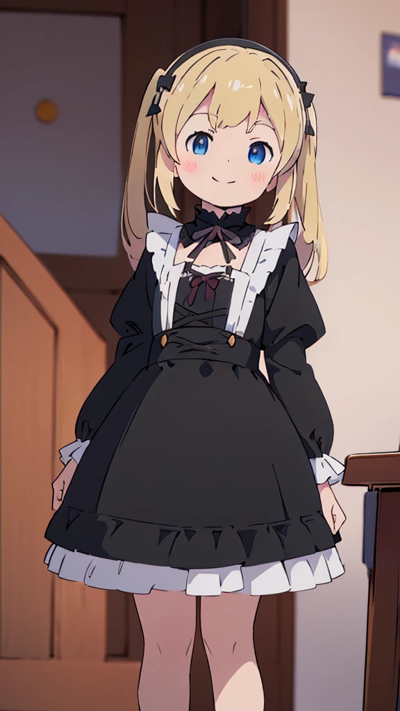((masterpiece))((Highest quality))girl、smile、blush、Flat Chest、Are thin、Blonde Hair、blush、Are standing、Whole body image、Eye level to the feet、front、No background、真frontのアングル、Black Gothic Lolita outfit full of frills、Twin tails、Angle where you can see inside the skirt、Fisheye Lens