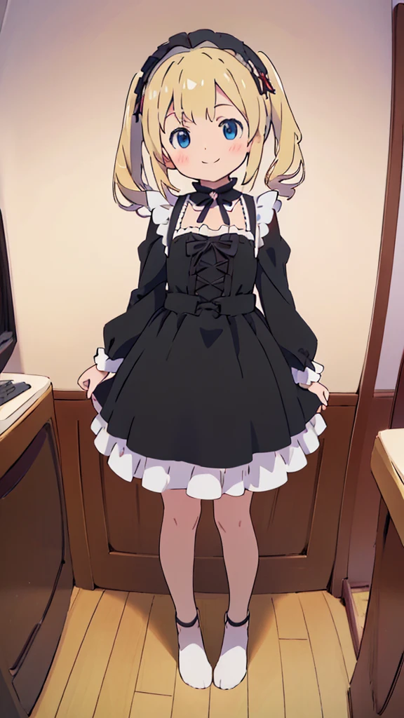 ((masterpiece))((Highest quality))girl、smile、blush、Flat Chest、Are thin、Blonde Hair、blush、Are standing、Whole body image、Eye level to the feet、front、No background、真frontのアングル、Black Gothic Lolita outfit full of frills、Twin tails、Angle where you can see inside the skirt、Fisheye Lens