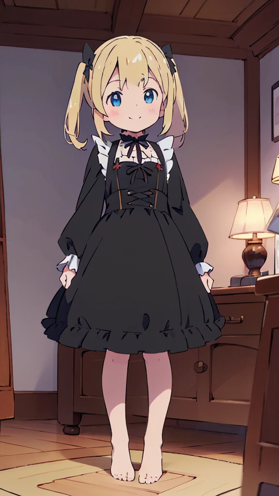 ((masterpiece))((Highest quality))girl、smile、blush、Flat Chest、Are thin、Blonde Hair、blush、Are standing、Whole body image、Eye level to the feet、front、No background、真frontのアングル、Black Gothic Lolita outfit full of frills、Twin tails、Angle where you can see inside the skirt、Fisheye Lens