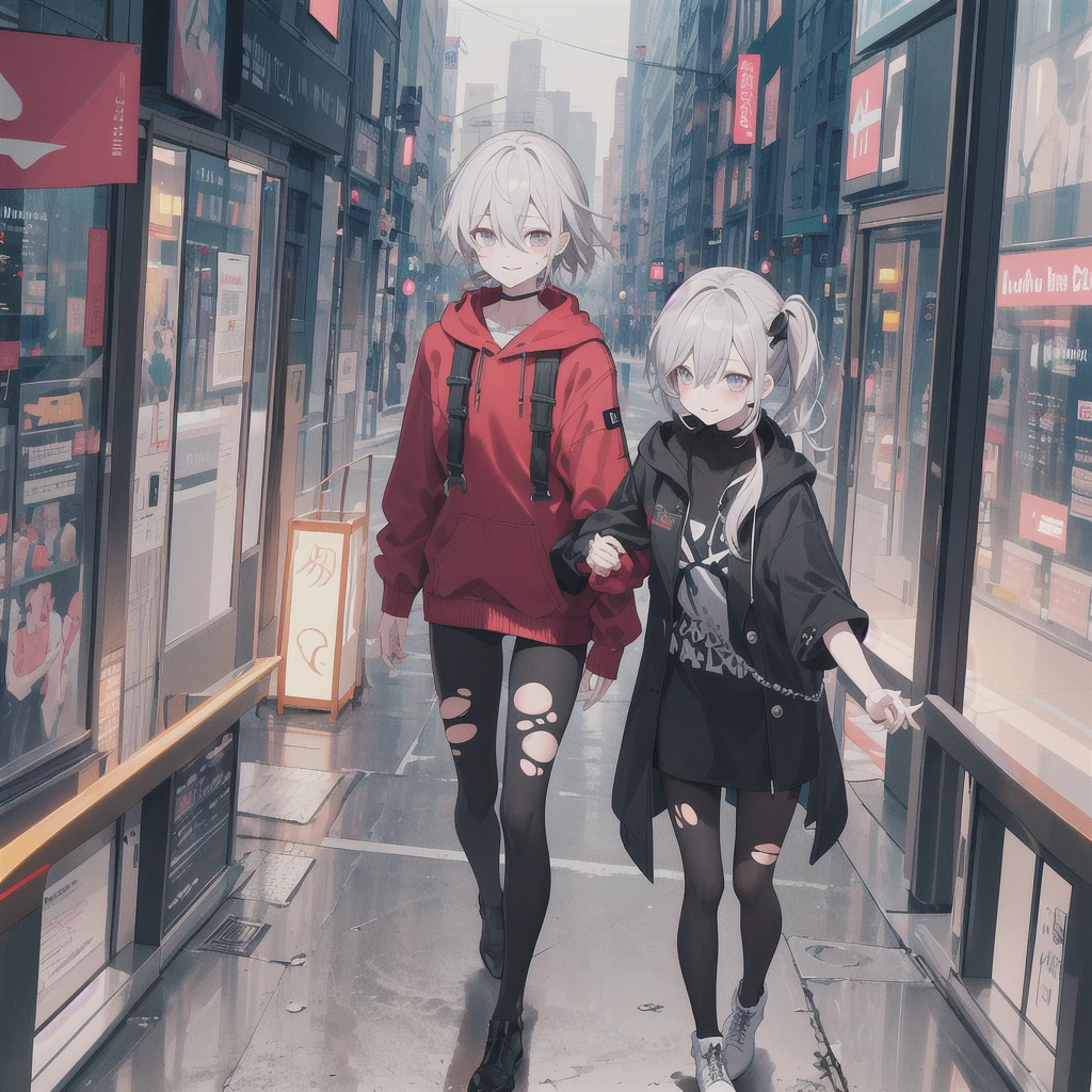 Outlook, Cute Smile, Strange Perspective, Red sweater,( change)Moderate, Separate Color,bs shoulder, Blushed,(Gray Hair), White Gloves,White boots,dirty,Torn clothes,Clothing that shows blood:1.3),, Tearing the cloak, tear pantyhose ,Cyberpunk Streetwear,in contrast,Cyberpunk Character Fashion,Wear high fashion clothes, , Bring your poster to life、impressive,Full Wear, Stylish,noon、From above、Observe your audience、Exquisite limbs、Elaborate eyes、Delicate fingers