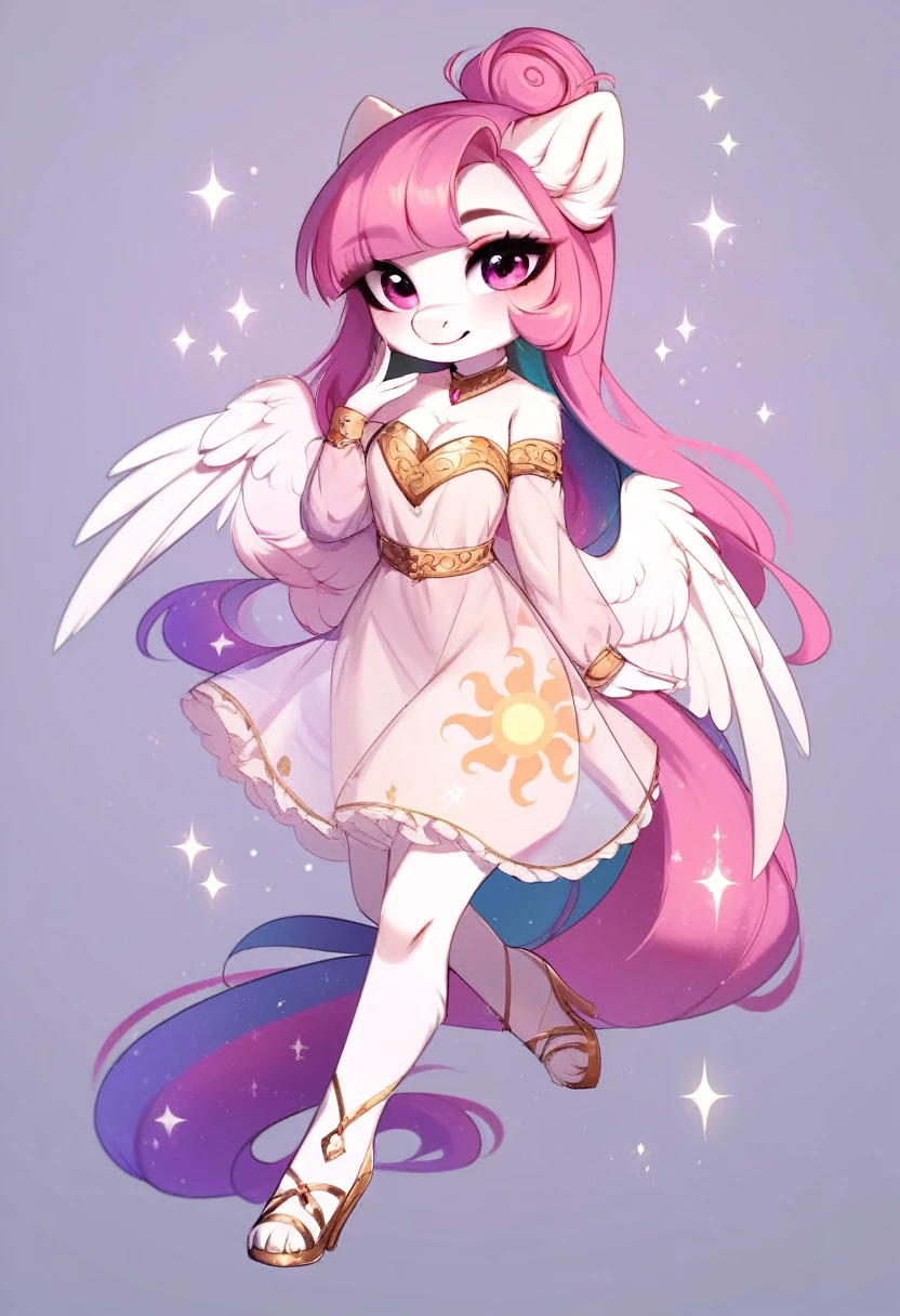 check_9, check_8_up, check_7_up, source_fluffy, rating_safe, from Magnaluna, Celestia poses seductively in a white bedroom, hair bun with bangs, pink eyes, white body, anthro, blushing, wearing purple see through dress, full body