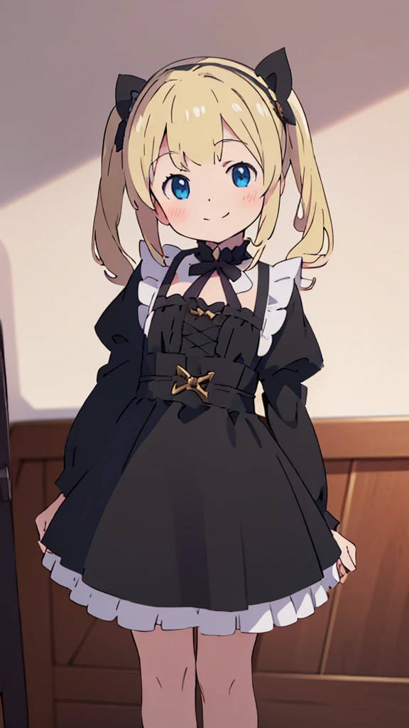 ((masterpiece))((Highest quality))girl、smile、blush、Flat Chest、Are thin、Blonde Hair、blush、Are standing、Whole body image、Eye level to the feet、front、No background、真frontのアングル、Black Gothic Lolita outfit full of frills、Twin tails、Angle where you can see inside the skirt、Fisheye Lens
