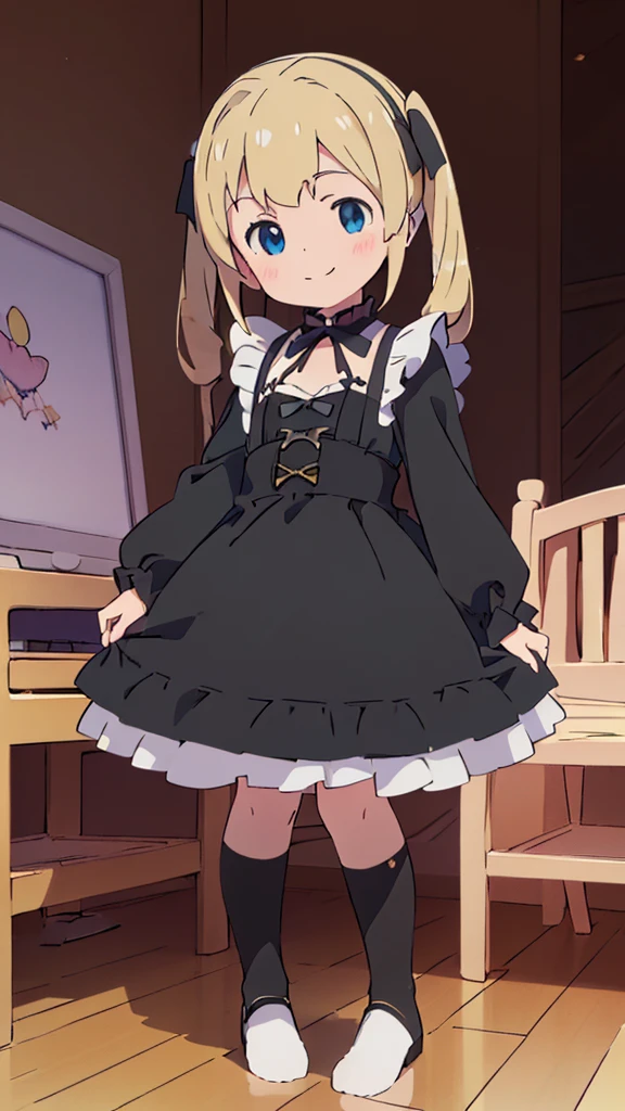 ((masterpiece))((Highest quality))girl、smile、blush、Flat Chest、Are thin、Blonde Hair、blush、Are standing、Whole body image、Eye level to the feet、front、No background、真frontのアングル、Black Gothic ta outfit full of frills、Twin tails、Angle where you can see inside the skirt、Fisheye Lens