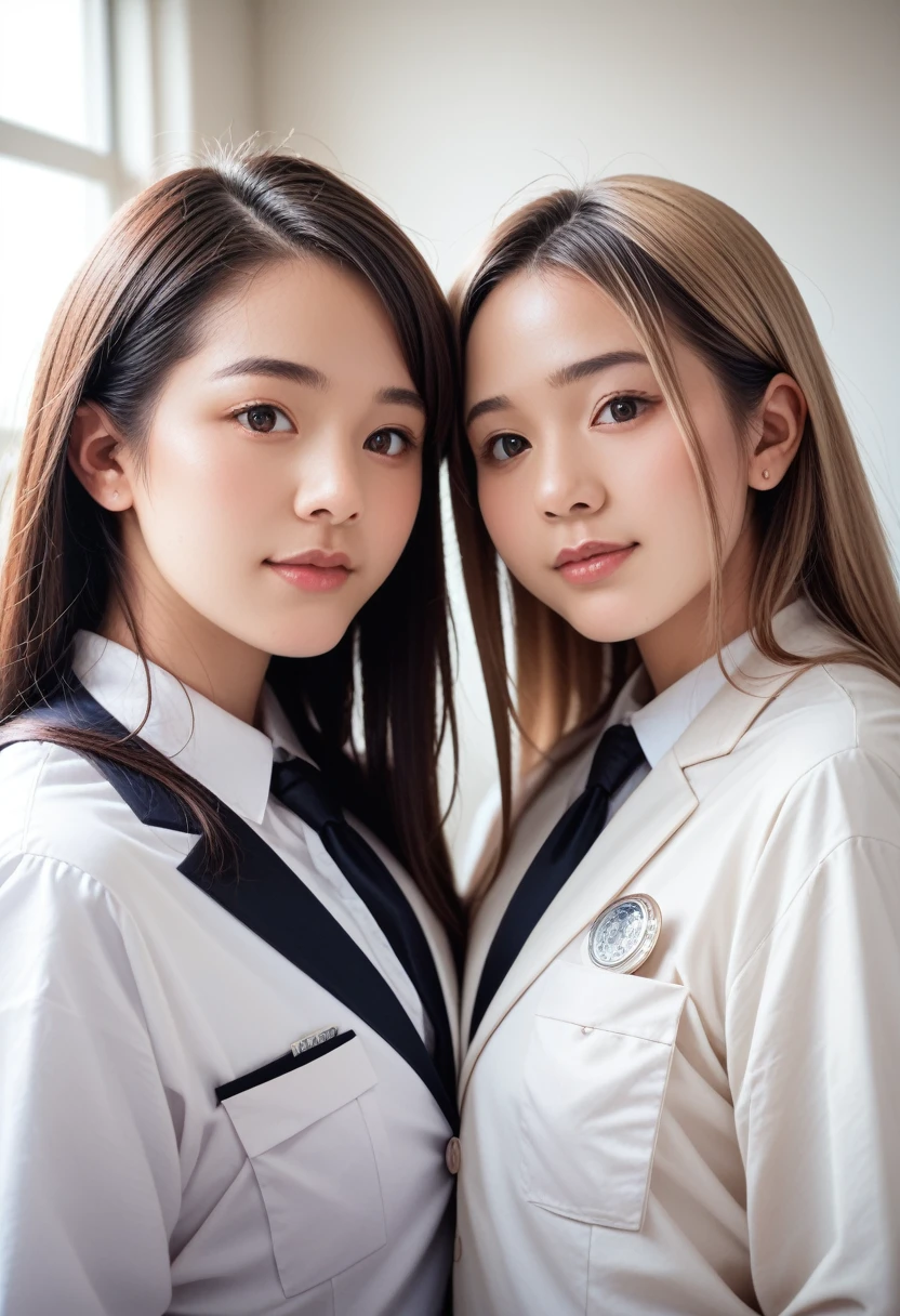 8k, raw photo, best quality, masterpiece, realistic, photo realistic, clear, professional lighting, beautiful face, best quality,ultra high res, realistic japanese beautiful, Super detailed, 2girls, symmetrical