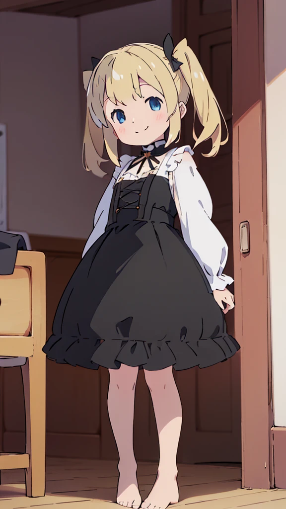 ((masterpiece))((Highest quality))girl、smile、blush、Flat Chest、Are thin、Blonde Hair、blush、Are standing、Whole body image、Eye level to the feet、front、No background、真frontのアングル、Black Gothic Lolita outfit full of frills、Twin tails、Angle where you can see inside the skirt、Fisheye Lens