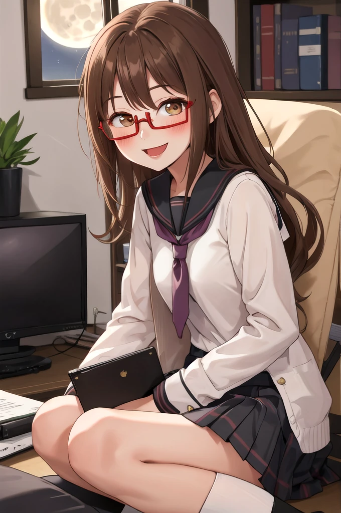 Highest quality, masterpiece, High resolution, alone, {full moon_Fleet Collection:1.15}, Long Hair, Brown Hair, Glasses, brown_eye, red-framed_Glasses, semi-rimless_Glasses, Crescent Moon, black_Seraphim, blush, Under Rim_Glasses, One girl, Closed_eye, Open_mouth, School_uniform, (indoor, office, living room), , blackスカート, ^_^, eggplant, smile