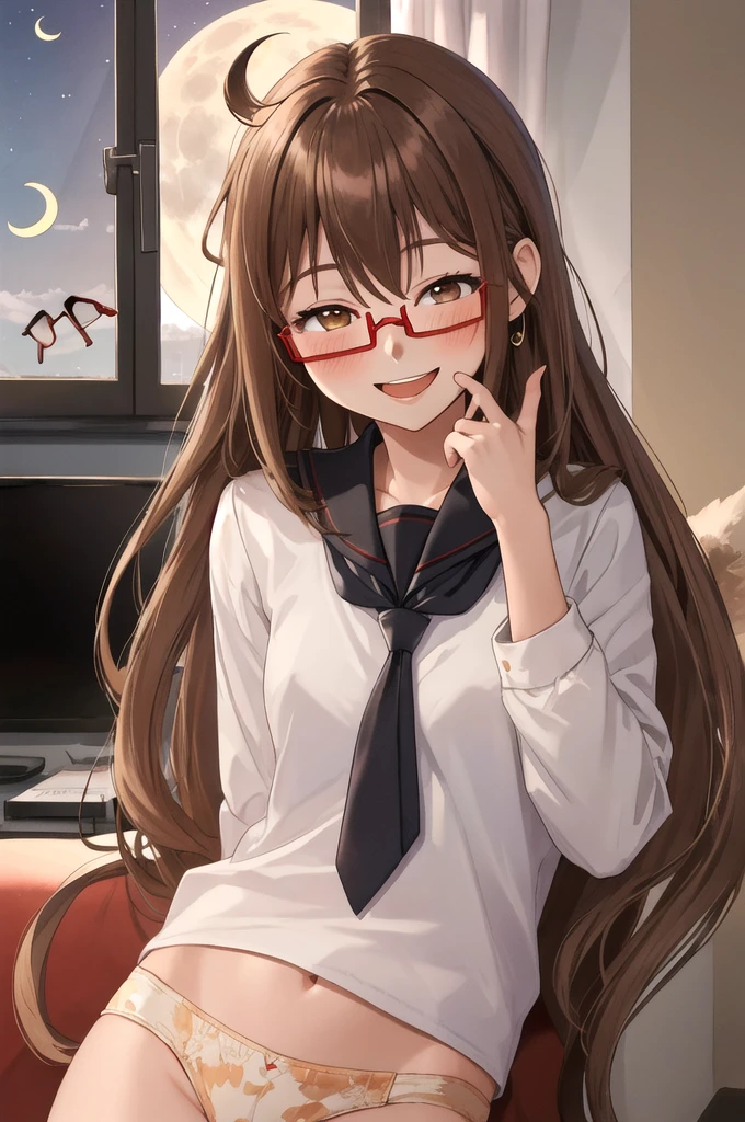 Highest quality, masterpiece, High resolution, alone, {full moon_Fleet Collection:1.15}, Long Hair, Brown Hair, Glasses, brown_eye, red-framed_Glasses, semi-rimless_Glasses, Crescent Moon, black_Seraphim, blush, Under Rim_Glasses, One girl, Closed_eye, Open_mouth, School_uniform, (indoor, office, living room), , blackスカート, ^_^, eggplant, smile