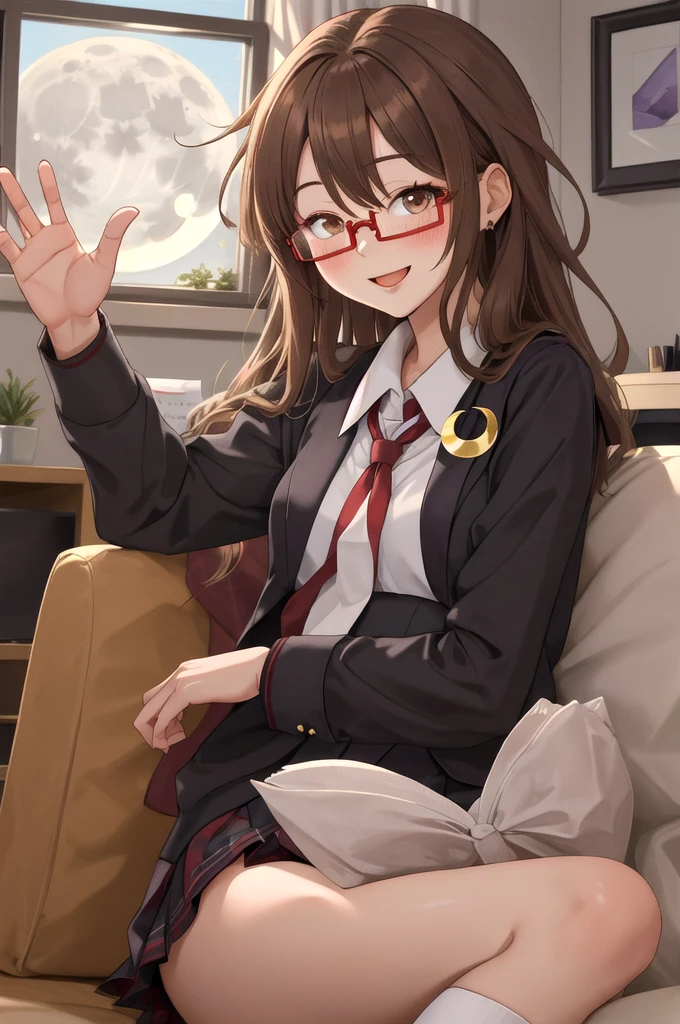 Highest quality, masterpiece, High resolution, alone, {full moon_Fleet Collection:1.15}, Long Hair, Brown Hair, Glasses, brown_eye, red-framed_Glasses, semi-rimless_Glasses, Crescent Moon, black_Seraphim, blush, Under Rim_Glasses, One girl, Closed_eye, Open_mouth, School_uniform, (indoor, office, living room), , blackスカート, ^_^, eggplant, smile