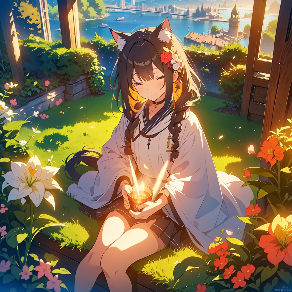 kawaii, anime, Cute, hyper quality, highly detailed, 8k, Front facing, Clarity, brown long hair, green eyes, smile, whole body, Cat ear, amaryllis, Close your eyes and smile with your mouth open, fly in the sky, good sisters, Cat ears stick out from the witch's hat, witch's black robe, fantasy, fog effect, particles of light, Uplifting, magically floating in the air, bird's eye view, flower blooming hill, colorful amaryllis, Cityscape lit with lights, starry sky, clock tower, iris, You can see the cityscape in the distance, fly in the sky with a broom, western witch, medieval cityscape, cape, amaryllis flower, magic effect, wizard's robe, cat ears, close your eyes and laugh, 