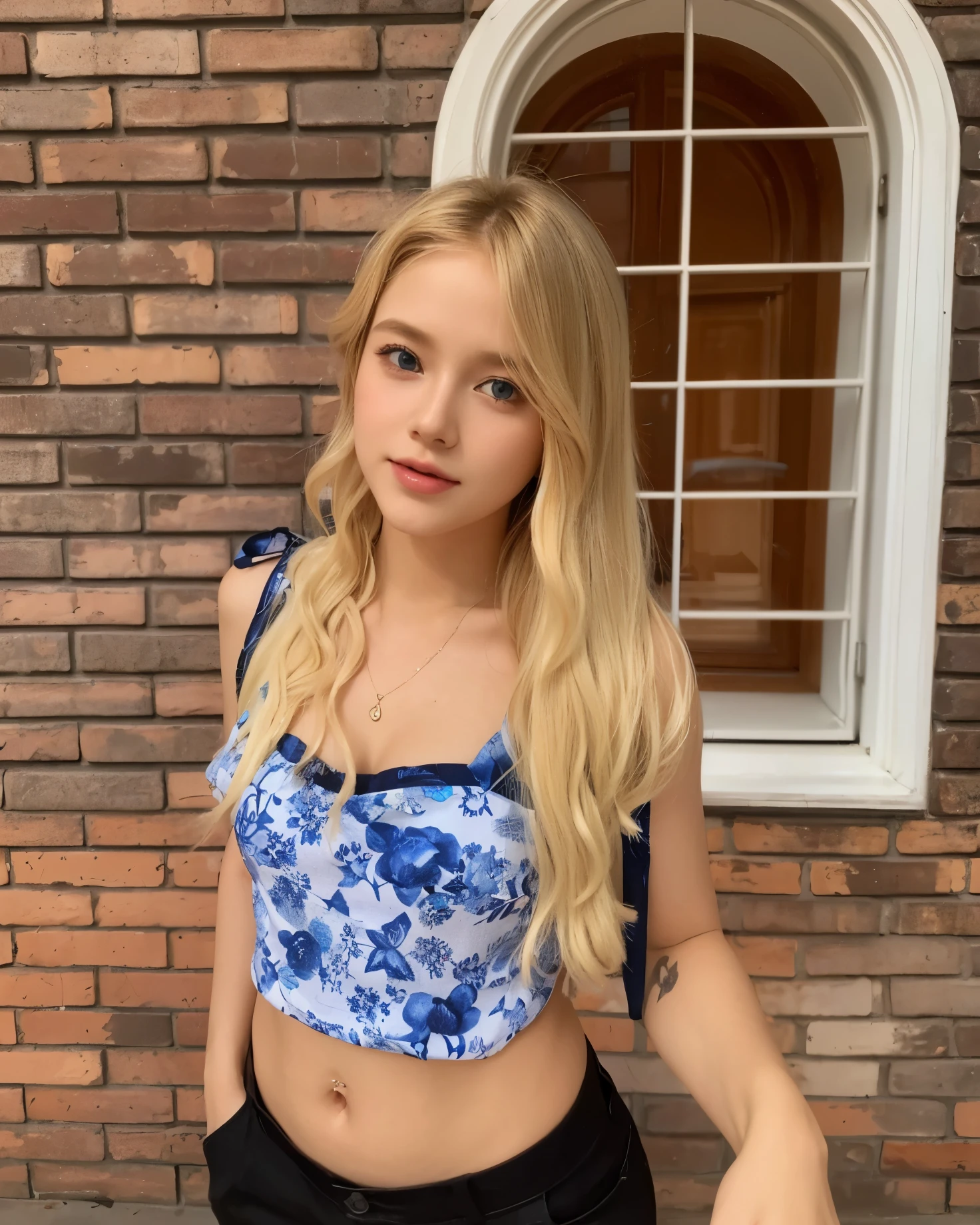 A closeup of a woman with long blonde hair wearing a blue and white top, profile picture, 18 years, Sidney Sweeney, avatar image, young and cute girl, 16 years old, beautiful blonde girl, 19 year old girl, valentine shuffle, katelynn mini lindo estilo, long blonde hair and big eyes