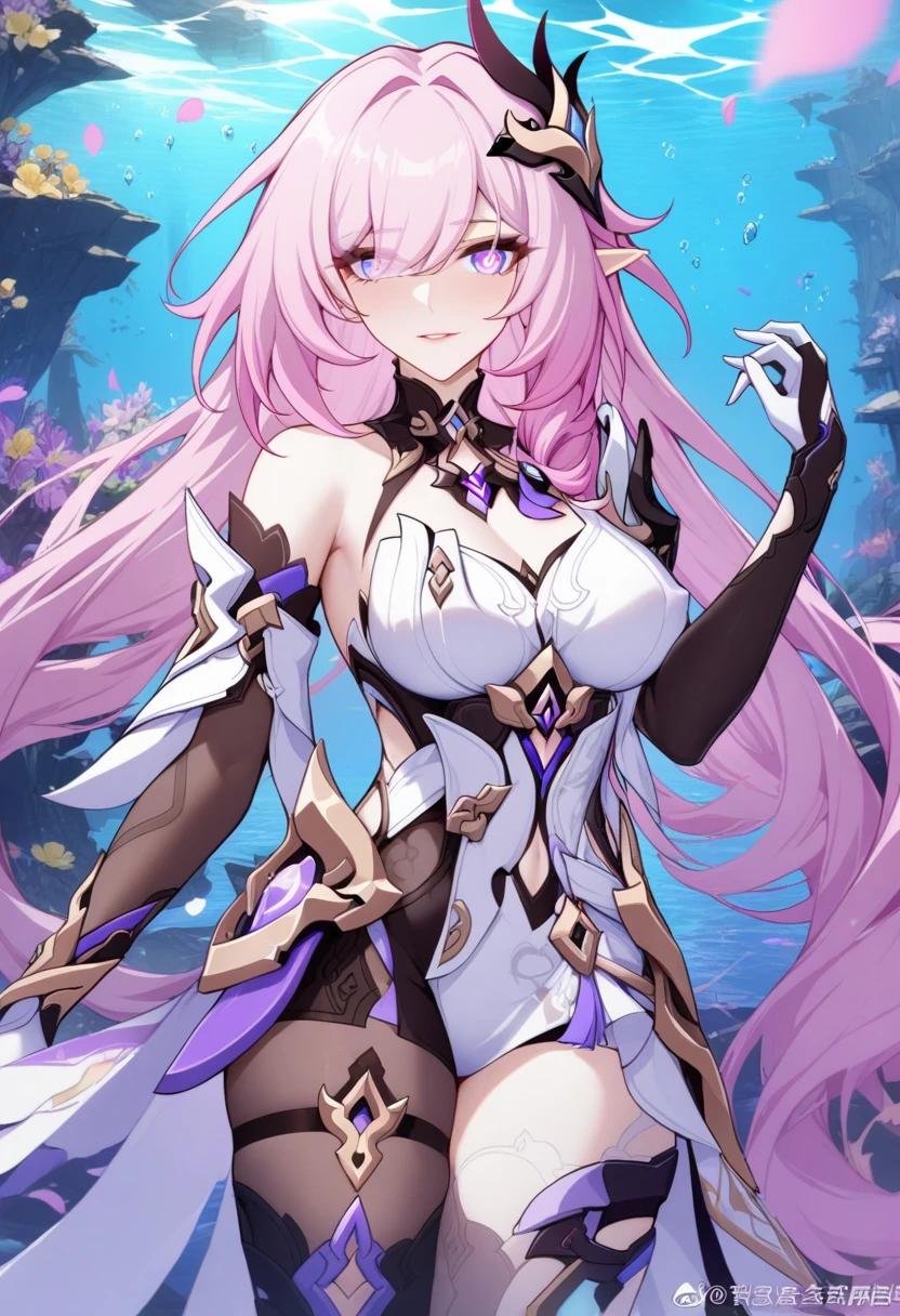 masterpiece, best quality, very aesthetic, absurdres, 1girl, mature_lady, ,,elysia_(honkai_impact), honkai_(series), honkai_impact_3rd, elysia_(herrscher_of_human:ego)_(honkai_impact), 1girl, elbow_gloves, elf, hair_between_eyes, hair_ornament, multicolored_hair, pink_hair, pink_pupils, pointy_ears, purple_eyes, two-tone_hair,,white_armor, yellow_dress,black_bodysuit,,under sea,surrounding by flowers,falling_petals, petals,,covered_nipples