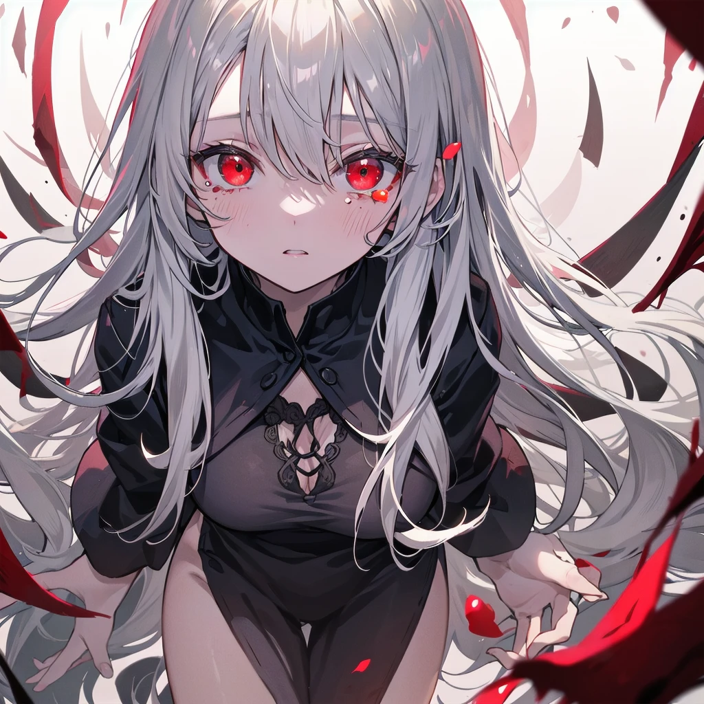 A once-in-a-millennium masterpiece, A photo that can never be taken again, Absurd high resolution, (Expressionless), (Red tears flow from the eyes:1.2), vampire, woman, Silver Hair, Red eyes, Big eyes that draw you in, White clothes, Red dyed clothes,There are red spots all over, Red from the mouth,Cowboy Shot、From above、Tabletop